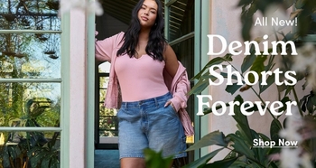 A model wearing a pink ribbed tank top and medium-wash denim shorts in a garden setting. The image includes text that reads: 'All New! Denim Shorts Forever' and 'Shop Now'.