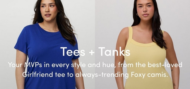 A promotional banner for 'Tees + Tanks' with the tagline 'Your MVPs in every style and hue, from the best-loved Girlfriend tee to always-trending Foxy camis.' in white text centered across five side-by-side photos against a light gray background. From left to right: a woman with long dark hair wearing a white sleeveless V-neck tank top; a woman with long dark hair wearing a royal blue short-sleeve crew neck tee; a woman with long dark hair and hoop earrings wearing a pale yellow ribbed square-neck cami; a woman with long dark hair and tattoos on one arm wearing a light pink ribbed square-neck tank top; and a woman with long dark hair wearing an emerald green short-sleeve V-neck tee with her hand in her pocket.
