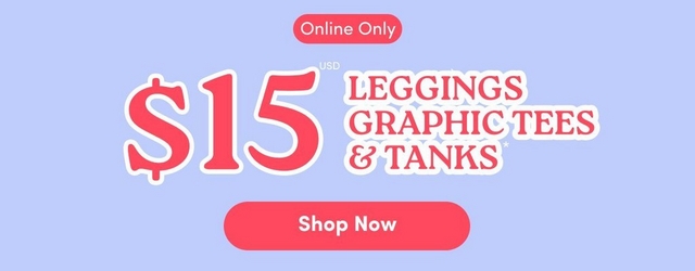 'Promotional banner for Torrid with a solid light periwinkle blue background. At the top center, a coral-pink rounded badge reads 'Online Only'. Below that, very large bold red text with a white outline reads '$15' with small text above reading 'USD', next to bold red text with a white outline reading 'LEGGINGS GRAPHIC TEES & TANKS' with an asterisk. At the bottom center is a coral-pink rounded pill-shaped button with bold white text reading 'Shop Now'.'