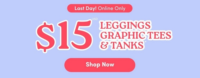 'Promotional banner for Torrid with a solid light periwinkle blue background. At the top center, a coral-pink rounded badge reads 'Last Day! Online Only'. Below that, very large bold red text with a white outline reads '$15' with small text above reading 'USD', next to bold red text with a white outline reading 'LEGGINGS GRAPHIC TEES & TANKS' with an asterisk. At the bottom center is a coral-pink rounded pill-shaped button with bold white text reading 'Shop Now'.'