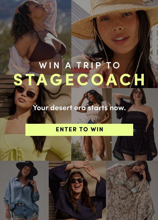 'Promotional banner for a Torrid sweepstakes featuring a collage of nine photos of plus-size women wearing various casual and festival-style outfits in warm, sunny outdoor settings. The outfits include swimwear, sundresses, denim, and flowy tops in colors including black, yellow, brown, and floral prints. Several women wear hats and sunglasses. Overlaid on the collage in bold yellow-green text is 'WIN A TRIP TO STAGECOACH' with smaller white text below reading 'Your desert era starts now.' Below that is a yellow-green rectangular button with bold dark text reading 'ENTER TO WIN'.'