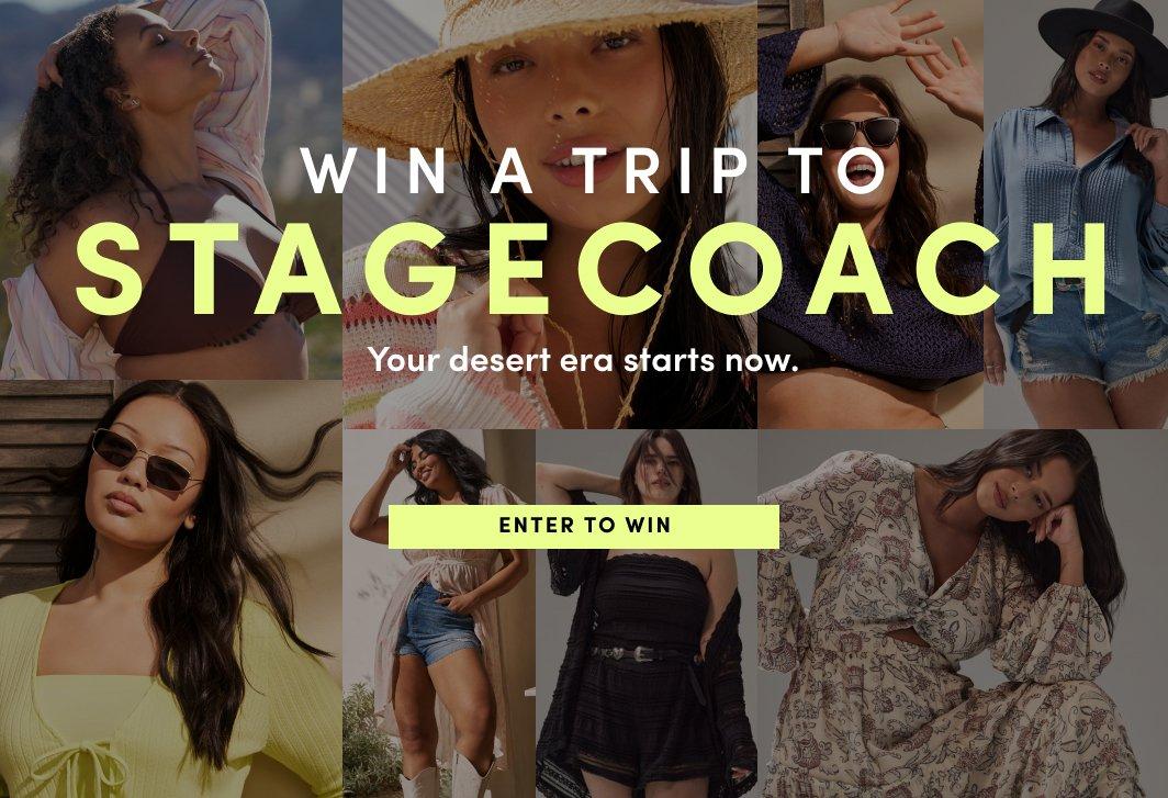 'Promotional banner for a Torrid sweepstakes featuring a collage of nine photos of plus-size women wearing various casual and festival-style outfits in warm, sunny outdoor settings. The outfits include swimwear, sundresses, denim, and flowy tops in colors including black, yellow, brown, and floral prints. Several women wear hats and sunglasses. Overlaid on the collage in bold yellow-green text is 'WIN A TRIP TO STAGECOACH' with smaller white text below reading 'Your desert era starts now.' Below that is a yellow-green rectangular button with bold dark text reading 'ENTER TO WIN'.'