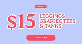 'Promotional banner for Torrid with a solid light periwinkle blue background. At the top center, a coral-pink rounded badge reads 'Online Only'. Below that, very large bold red text with a white outline reads '$15', next to bold red text with a white outline reading 'LEGGINGS GRAPHIC TEES & TANKS'. At the bottom center is a coral-pink rounded pill-shaped button with bold white text reading 'Shop Now'.'