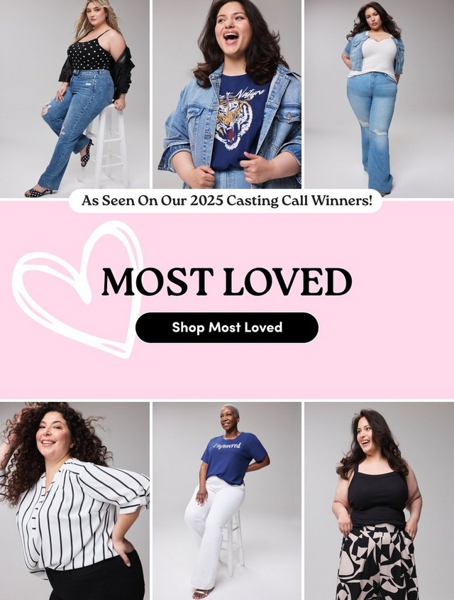 'Promotional banner for Torrid featuring the Most Loved collection, with six photos of plus-size women arranged in two rows of three around a central pink panel. Top row from left to right: a woman with light skin tone and long blonde highlighted hair posing with a black leather jacket draped over one shoulder, wearing a black and white polka dot cami top and light wash distressed jeans, with black polka dot heels; a woman with medium skin tone and long dark wavy hair laughing broadly, wearing a navy blue tiger graphic t-shirt under an open denim jacket; and a woman with medium skin tone and long dark hair standing with one hand on her hip, wearing a white v-neck bodysuit and light wash flared distressed jeans. Center pink panel: a white rounded badge reads 'As Seen On Our 2025 Casting Call Winners!' above large bold dark text reading 'MOST LOVED' with a large white hand-drawn heart outline on the left. A black rounded pill-shaped button reads 'Shop Most Loved'. Bottom row from left to right: a woman with medium skin tone and long dark curly hair smiling, wearing a white and black stripe short-sleeve blouse and black pants; a woman with deep skin tone and short natural gray hair posing on a stool, wearing a cobalt blue graphic t-shirt with white script text reading 'Unpinned' and white flared jeans; and a woman with medium skin tone and long dark wavy hair laughing, wearing a black square-neck tank top and black and white abstract print wide-leg pants.'