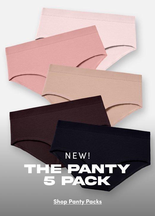'Promotional banner for Torrid against a light gray gradient background. Four seamless hipster-style underwear are displayed overlapping each other in a fanned-out arrangement. From top to bottom the colors are light pink, nude beige, dark burgundy brown, and black. Overlaid in the lower center, small dark text reads 'NEW!' above large bold dark text reading 'THE PANTY 5 PACK'. Below that, small dark underlined text reads 'Shop Panty Packs'.'
