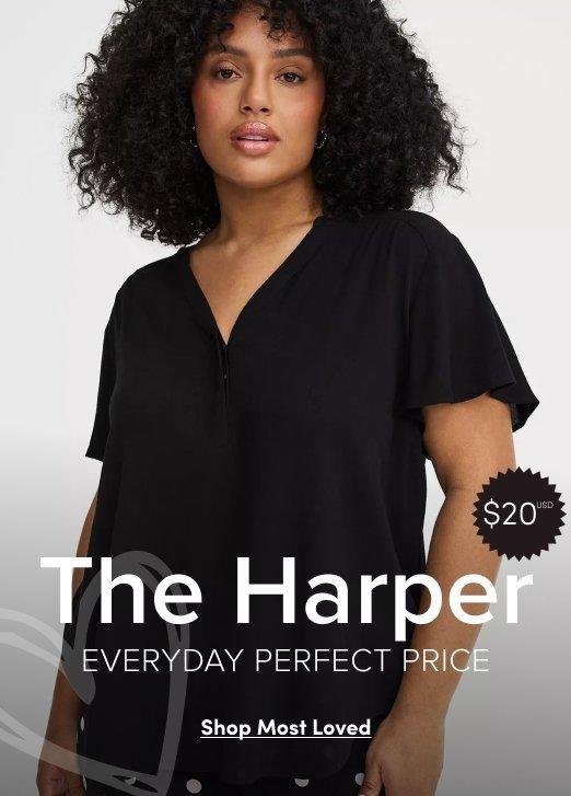 Woman wearing a black Harper blouse with flutter sleeves. Image text reads The Harper, Everyday Perfect Price, $20 USD, Shop Most Loved.