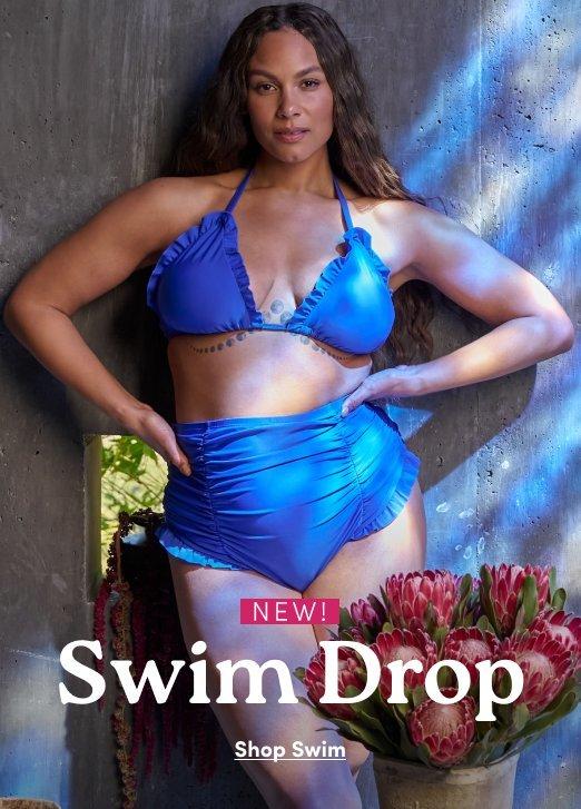 Torrid New Swim Drop advertisement: Model in a cobalt blue ruffled bikini set. Text: NEW! Swim Drop. Shop Swim.