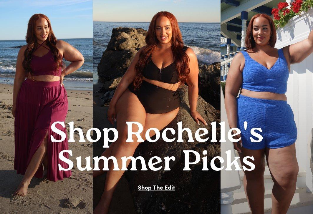 'Promotional banner for Torrid featuring a triptych of three photos of the same plus-size woman with medium skin tone and long dark auburn hair, shown in three different summer outfits in outdoor settings. From left to right: she stands on a beach wearing a dark burgundy two-piece set consisting of a crop top and a long skirt; she stands near the water wearing a black bikini top and matching black high-waist bikini bottoms; and she poses in a garden or floral setting wearing a bright cobalt blue sleeveless crop top and matching high-waist shorts. Overlaid across the center in white serif text is 'Shop Rochelle's Summer Picks' with smaller white underlined text below reading 'Shop The Edit'.'