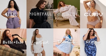 'Promotional banner for Torrid featuring a grid of eight photos showcasing different brand collections, arranged in two rows of four. Top row from left to right: a plus-size woman with medium skin tone and long dark curly hair wearing a lavender lace-up sports bra and matching lavender shorts, labeled 'TRU' in white text; a plus-size woman with medium skin tone and short dark hair wearing a black ruffled high-neck blouse and black tulle midi skirt in a moody vintage-styled interior setting, labeled 'NIGHTFALL' in white text; a plus-size woman with medium skin tone and long curly auburn hair reclines on a vintage metal bench wearing a white sheer long-sleeve top and white wide-leg pants against an olive green wall, labeled 'FESTI' with star symbols in white text; and a plus-size woman with medium skin tone and long dark curly hair poses with one arm raised wearing a dusty pink lace balconette bra and matching high-waist briefs against a gray background, labeled 'CURV' in white text. Bottom row from left to right: a plus-size woman with light skin tone and long dark brown hair reclines on a striped vintage sofa wearing a black sequin or embellished top, labeled 'Belle Isle' with a star graphic in white text; a plus-size woman with medium-deep skin tone and long braided hair stands wearing a white floral mini dress with ruffle straps against a light background, labeled 'LoveSick' in white script text; a plus-size woman with light skin tone and long wavy blonde hair twirls in a light blue polka dot fit-and-flare midi dress with a blue bow collar in a vintage-styled room, labeled 'Retro Chic' in white script text; and a plus-size woman with light skin tone and long dark brown hair poses with one hand in her hair wearing a navy blue and periwinkle floral off-the-shoulder ruched dress, labeled 'THE STUDIO COLLECTION' in white text.'