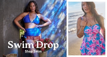 Two models showcasing the new 'Swim Drop' collection. The model on the left wears a vibrant cobalt blue ruffled two-piece swimsuit against a grey wall. The model on the right wears a light blue swim dress with a bright pink hibiscus floral pattern, set against a scenic beach and ocean background. A red 'NEW!' badge appears in the corner, and bold white text reads 'Swim Drop' with a 'Shop Swim' link below.