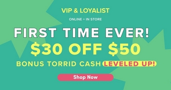 'Promotional banner for Torrid with a solid light periwinkle blue background. At the top center, a coral-pink rounded badge reads 'Online Only'. Below that, very large bold red text with a white outline reads '$15', next to bold red text with a white outline reading 'LEGGINGS GRAPHIC TEES & TANKS'. At the bottom center is a coral-pink rounded pill-shaped button with bold white text reading 'Shop Now'.'