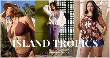 Promotional banner for Torrid featuring Island Tropics, composed of three side-by-side photos of plus-size women in warm sunny and indoor settings. In the upper right corner, bold white text reads 'NEW'. From left to right: a woman with medium-deep skin tone and shoulder-length highlighted hair poses outdoors with her face tilted upward wearing a brown halter triangle bikini top and matching brown side-tie bikini bottoms, with a woven straw hat and a small tattoo visible on her torso, cacti and palm trees visible in the background; a woman with medium skin tone and long dark hair stands indoors in front of a lime green geometric door and a large grid-paned window, wearing a white flowy long-sleeve wrap top with floral embroidery on the sleeves and a tie front, over purple wide-leg drawstring pants with white trim; and a woman with medium skin tone and long dark hair stands against a neutral beige background wearing a chocolate brown and white large floral peplum tank top and denim cutoff shorts, with extensive tattoos visible on both arms. Overlaid across the bottom in large bold white serif text is 'ISLAND TROPICS' with bold white underlined text below reading 'Shop Vacay Shop'.'