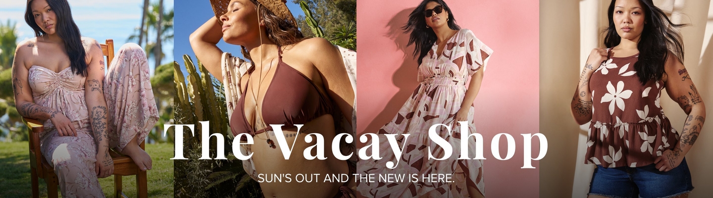 'Promotional banner for Torrid featuring The Vacay Shop, composed of four side-by-side outdoor photos of plus-size women in warm sunny settings. From left to right: a woman with medium skin tone and long dark hair sits on a wooden chair outdoors wearing a pink floral strapless dress with a ruched bodice and flowing wide-leg pants, with visible tattoos on her arms; a woman with medium-deep skin tone and shoulder-length highlighted hair poses with her face tilted upward wearing a brown halter bikini top and a woven straw hat, with cacti and palm trees in the background; a woman with medium skin tone and long dark hair wearing black square sunglasses stands against a solid pink wall in a cream and brown abstract print wrap midi dress with flutter sleeves and a smocked waist; and a woman with medium skin tone and long dark hair stands against a neutral background wearing a chocolate brown and white floral peplum tank top and denim shorts. Overlaid across the center in large white serif text is 'The Vacay Shop' with smaller white text below reading 'SUN'S OUT AND THE NEW IS HERE.'.'