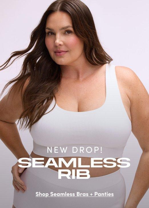 Woman wearing a white seamless rib bra from the Seamless Bras and Panties collection. Image text reads New Drop! Seamless Rib, Shop Seamless Bras + Panties.