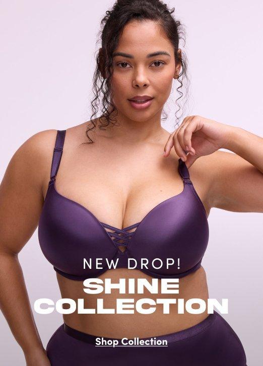 Woman wearing a purple bra from the Shine Collection. Image text reads New Drop! Shine Collection, Shop Collection.