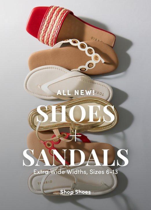 A promotional banner with a light gray background showing a flat lay of four sandals and shoes stacked and fanned out diagonally. From top to bottom: a red and white woven block-heel sandal, a cream strappy flat sandal with chain detail, a nude low-heeled mule, and a gold flat sandal with red accent detail. Overlaid text reads 'ALL NEW!' in small dark letters, followed by 'SHOES + SANDALS' in large bold white text, then 'Extra Wide Widths, Sizes 6-13' in smaller text. At the bottom is dark text reading 'Shop Shoes'.