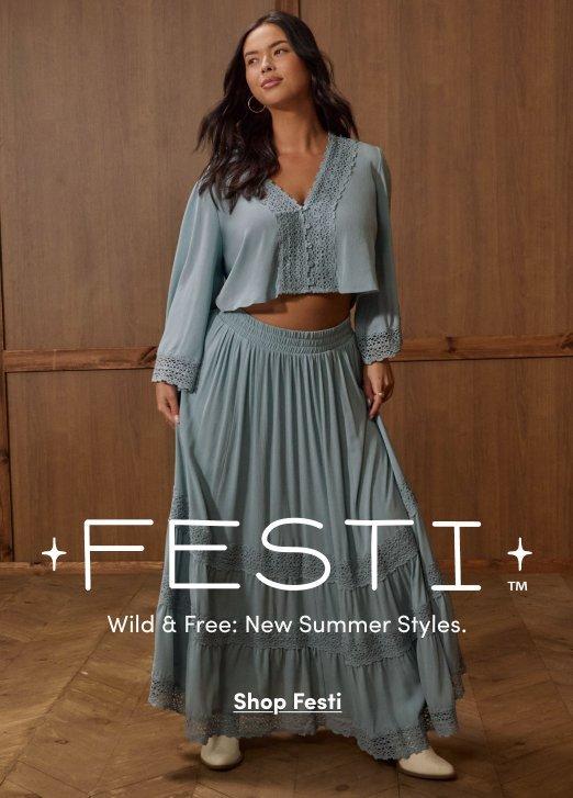 Woman wearing a blue boho blouse and tiered maxi skirt from Festi collection. Image text reads FESTI, Wild and Free: New Summer Styles, Shop Festi.