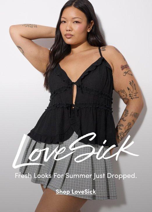 Woman wearing a black ruffle cami and plaid mini skirt from LoveSick collection. Image text reads LoveSick, Fresh Looks For Summer Just Dropped, Shop LoveSick