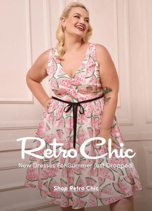 A promotional banner with a soft pink and cream background. A woman with short blonde hair and dangling earrings stands smiling with her arms slightly out. She wears a sleeveless V-neck fit-and-flare dress in white with an allover watermelon slice print in pink and green, cinched at the waist with a thin black drawstring tie. She has a small tattoo visible on her upper arm. Overlaid white script and serif text reads 'Retro Chic' in large letters, followed by 'New Dresses For Summer Just Dropped!' in smaller text. At the bottom is a white rectangular button with dark text reading 'Shop Retro Chic'.
