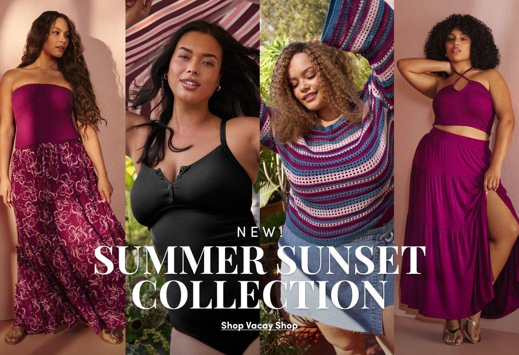 Four women modeling summer styles in berry tones, including dresses, swimwear, and knit separates. Image text reads New! Summer Sunset Collection, Shop Vacay Shop.