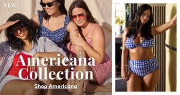 Promotional banner for the 'Americana Collection' featuring models in red, white, and blue summer styles. On the left, three models pose in a red top with a striped shirt, a blue floral dress, and a red gingham dress. Text overlays read 'NEW!', 'Americana Collection', and 'Shop Americana'. On the right, a model is pictured in a blue and white gingham bikini standing next to a vintage yellow refrigerator.