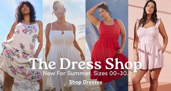 A collage of four models showcasing summer dresses: a white floral-print midi dress, a white smocked-waist beach dress, a vibrant red sleeveless midi dress, and a light pink striped mini dress. Centered text reads: 'The Dress Shop. New For Summer. Sizes 00-30. Shop Dresses'.
