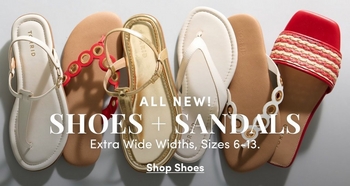 Promotional banner for 'All New! Shoes + Sandals' featuring a row of six summer sandals against a light grey background. The footwear includes white T-strap sandals, tan sandals with red accents, gold metallic strappy sandals, white thong flip-flops, tan sandals with gold eyelets, and red woven slides. Centered text reads: 'ALL NEW! SHOES + SANDALS. Extra Wide Widths, Sizes 6-13. Shop Shoes'.