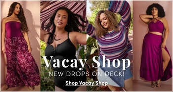A collage of four models in summer vacation attire: a magenta strapless top and floral skirt, a black one-piece swimsuit, a striped crochet sweater with denim shorts, and a magenta halter top with a tiered maxi skirt. Text reads: 'Vacay Shop. NEW DROPS ON DECK! Shop Vacay Shop'.