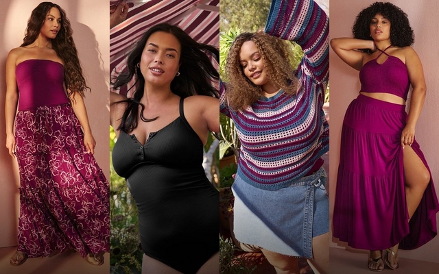 'A wide promotional banner featuring four women modeling outfits against warm pink and outdoor backgrounds. From left to right: a woman with long wavy dark hair stands against a peachy pink wall with soft shadow, wearing a magenta strapless tube top and a dark magenta tiered maxi skirt with an all-over light pink floral print, paired with tan strappy flat sandals. The second woman with long dark hair poses outdoors with one arm raised and her hair swept back, wearing a black ribbed V-neck camisole top with button detail at the neckline, against a backdrop of lush greenery and a pink striped awning partially visible above. The third woman with voluminous curly auburn hair poses with both arms raised outdoors among tropical plants, wearing a blue, pink, and white horizontal stripe open-knit crochet long-sleeve sweater over a light wash denim wrap mini skirt. The fourth plus-size woman with short curly dark hair leans against a blush pink wall with one arm raised and her hand behind her head, wearing a magenta halter crop top with criss-cross straps and a smocked bodice, paired with a matching magenta satin tiered maxi skirt with a front slit, and gold strappy flat sandals.'