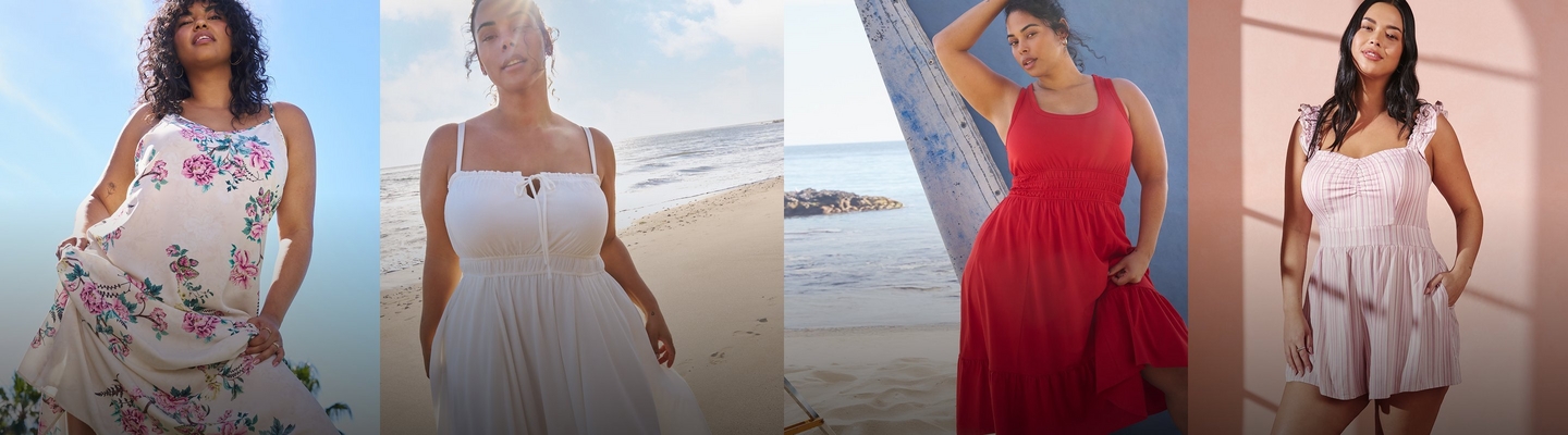 'A wide promotional banner featuring four women modeling dresses and a romper in a four-panel layout. From left to right: a plus-size woman with short curly dark hair stands outdoors under a bright blue sky wearing a cream sleeveless midi dress with a scooped neckline and an all-over pink floral and botanical print, holding the skirt out to one side. The second woman with long straight dark hair stands on a sandy beach in bright sunlight wearing a white sleeveless midi dress with a square smocked neckline and a small center-front tie detail. The third woman with her dark hair pulled up poses against a blue and white draped fabric backdrop wearing a red sleeveless midi dress with a square racerback neckline and a wide smocked waistband above a tiered skirt. The fourth woman with long dark wavy hair stands against a blush pink background wearing a light pink and white vertical stripe sleeveless romper with a sweetheart smocked bodice and ruffled shoulder straps.'
