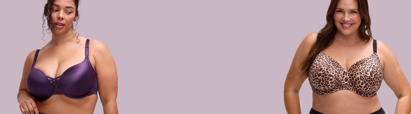 Promotional banner for the Shine Collection featuring two models against a light lavender background. On the left, a model wears a deep purple satin bra with a strappy crisscross detail; on the right, a model wears a leopard print bra.