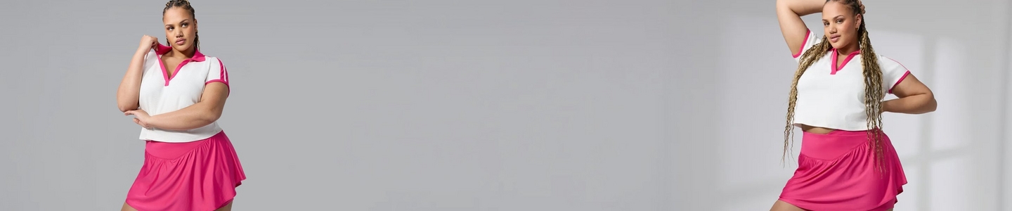 A model in two poses wearing a white polo shirt with pink trim and a matching pink athletic skort against a light gray background.