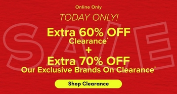 A rectangular promotional banner with a bright red background. Large faded white text spelling 'SALE' spans the full width behind the main content. In the center, white and yellow text reads 'Online Only', followed by 'TODAY ONLY!' in large yellow text. Below that in white text: 'Extra 60% OFF Clearance*' followed by a plus sign, then 'Extra 70% OFF Our Exclusive Brands On Clearance*'. At the bottom is a white rectangular button with dark text reading 'Shop Clearance'.