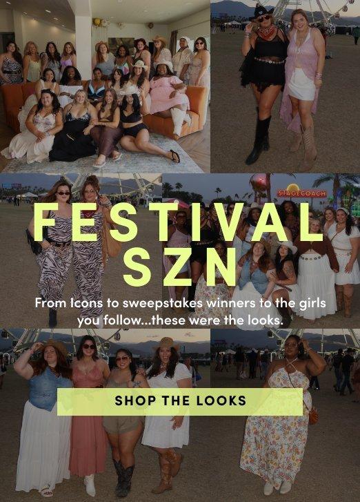 Promotional collage featuring women in festival-inspired outfits, including dresses, boots, and prints, with headline reading “Festival SZN,” supporting copy about festival looks, and a “Shop the Looks” call to action.