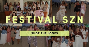 Promotional collage featuring women in festival-inspired outfits, including dresses, boots, and prints, with headline reading “Festival SZN,” supporting copy about festival looks, and a “Shop the Looks” call to action.