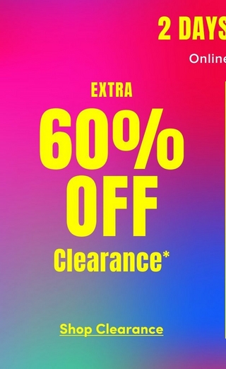 A tall vertical promotional banner with a gradient background transitioning from bright magenta at the top through purple in the middle to blue at the bottom. In the upper right, yellow text reads '2 DAYS' with white text below reading 'Online' with the rest of the text cut off at the edge. Centered on the banner, bold yellow text reads 'EXTRA' above very large bold yellow text reading '60%' and 'OFF', followed by 'Clearance*' in smaller yellow text. At the bottom, yellow underlined text reads 'Shop Clearance'.