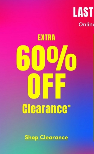 A tall vertical promotional banner with a gradient background transitioning from bright magenta at the top through purple in the middle to blue at the bottom. In the upper right, yellow text reads 'LAST' with white text below reading 'Online' both partially cut off at the edge. Centered on the banner, bold yellow text reads 'EXTRA' above very large bold yellow text reading '60%' and 'OFF', followed by 'Clearance*' in smaller yellow text. At the bottom, yellow underlined text reads 'Shop Clearance'.
