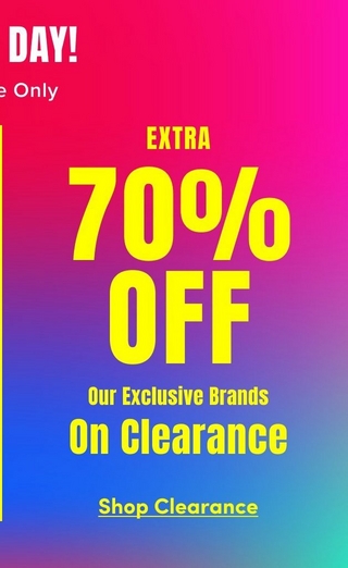 A tall vertical promotional banner with a gradient background transitioning from bright magenta at the top through purple in the middle to blue at the bottom. In the upper left, yellow text reads 'DAY!' with white text below reading 'e Only', both partially cut off at the edge. Centered on the banner, bold yellow text reads 'EXTRA' above very large bold yellow text reading '70%' and 'OFF', followed by 'Our Exclusive Brands' in smaller yellow text and 'On Clearance' in large bold yellow text. At the bottom, yellow underlined text reads 'Shop Clearance'.