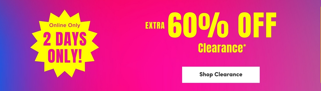 A wide horizontal promotional banner with a gradient background transitioning from purple on the left through bright magenta in the center to purple-pink on the right. On the left, a yellow spiky starburst shape contains magenta text reading 'Online Only' and '2 DAYS ONLY!' in large bold letters. To the right, large bold yellow text reads 'EXTRA 60% OFF' with 'Clearance*' in smaller yellow text below it. At the bottom center is a white rectangular button with dark text reading 'Shop Clearance'.