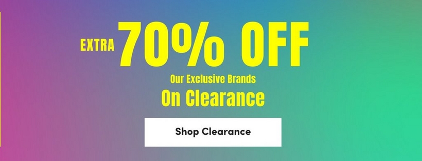 A wide horizontal promotional banner with a gradient background transitioning from purple-pink on the left to bright teal-green on the right. Centered on the banner, bold yellow text reads 'EXTRA 70% OFF' in large letters, with 'Our Exclusive Brands' in smaller yellow text below it, followed by 'On Clearance' in large bold yellow text. At the bottom center is a white rectangular button with dark text reading 'Shop Clearance'.