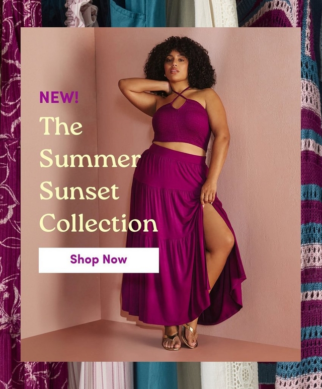 A square promotional banner with the same hanging garment border on the left and right edges. The central photo shows the same woman with voluminous dark curly hair standing against a dusty rose pink wall with one arm raised behind her head, wearing the deep magenta smocked halter crop top with crisscross straps and matching tiered maxi skirt with a high front slit, paired with gold thong sandals. Overlaid text on the left reads 'NEW!' in purple and 'The Summer Sunset Collection' in large light yellow text. Below that is a white rectangular button with purple text reading 'Shop Now'.