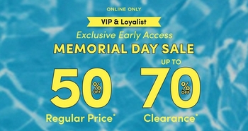 A promotional banner with a bright blue mosaic tile swimming pool pattern as the background.A promotional banner with a bright blue mosaic tile swimming pool pattern as the background. At the top, small white text reads 'ONLINE ONLY' followed by yellow text reading 'VIP & Loyalist' and white italic text reading 'Exclusive Early Access'. Below that, bold white text reads 'MEMORIAL DAY SALE'. Two large bold yellow numbers are displayed side by side: '50' with a white '%' symbol and 'OFF' text below it, followed by smaller white text reading 'Regular Price*', and '70' with a white '%' symbol and 'OFF' text below it, followed by smaller white text reading 'Clearance*'.