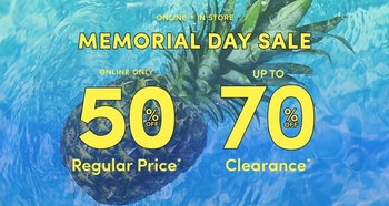 Claude responded: A promotional banner with a bright blue and green painterly tropical background featuring a pineapple illustration.A promotional banner with a bright blue and green painterly tropical background featuring a pineapple illustration. At the top, small white text reads 'ONLINE + IN STORE' followed by bold white text reading 'MEMORIAL DAY SALE'. Below that, smaller white text reads 'ONLINE ONLY' above two large bold yellow numbers displayed side by side: '50' with a white '%' symbol and 'OFF' below it followed by white text reading 'Regular Price*', and '70' with a white '%' symbol and 'OFF' below it followed by white text reading 'Clearance*'. The number '70' is preceded by small white text reading 'UP TO'.