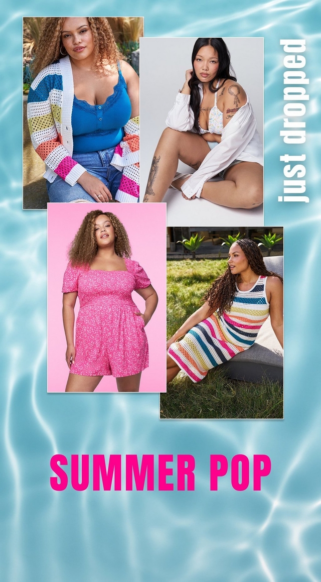 A vertical promotional banner with a light blue rippling water texture background and white italic text along the right edge reading 'just dropped'. Four overlapping photo panels show the same four outfits: the multicolor crochet striped cardigan with blue cami and denim shorts outdoors, the white off-shoulder top layered over a floral bralette on a white surface, the pink floral smocked square-neck puff-sleeve romper against a pink background, and the multicolor crochet striped sleeveless midi dress worn outdoors. Bold pink text at the bottom reads 'SUMMER POP'.
