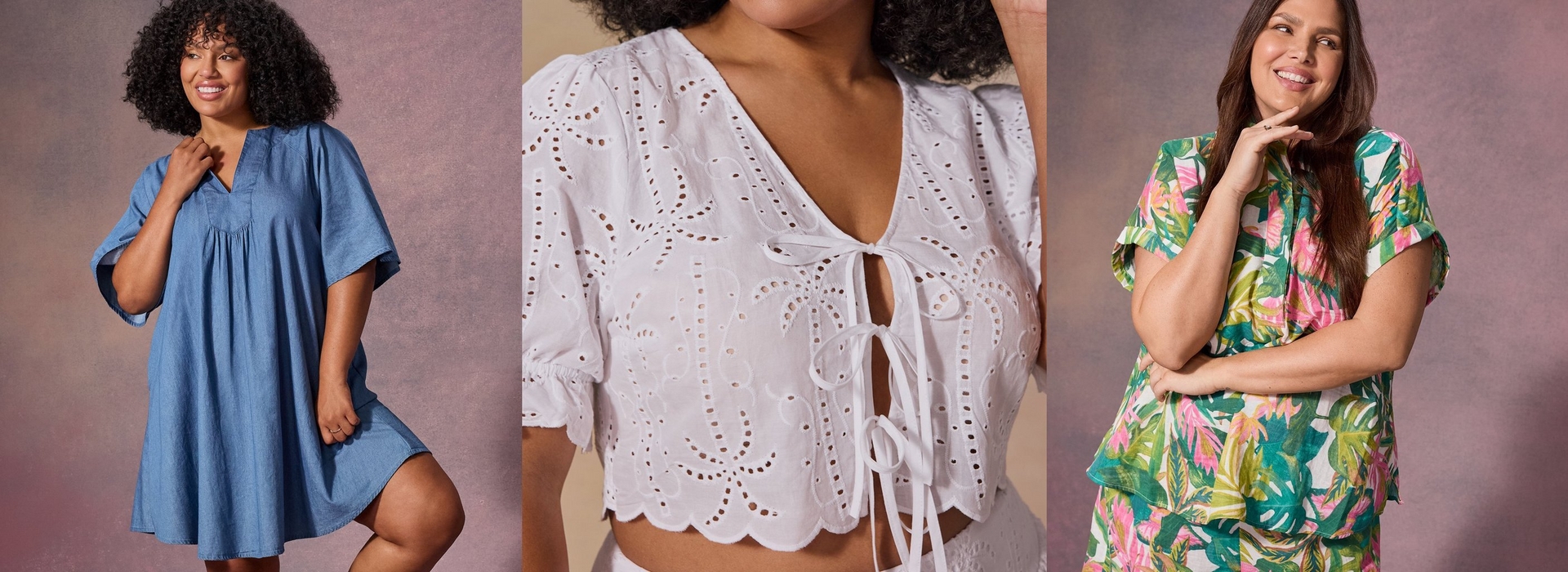 A wide horizontal promotional banner with a light blue rippling water texture background. Bold pink text on the left reads 'belle-isle POP'. Four overlapping photo panels are arranged across the banner: a woman with curly auburn hair wearing a blue ribbed henley cami layered under a white open-weave crochet cardigan with multicolor horizontal stripes in yellow, orange, pink, and blue, paired with denim shorts, seated outdoors with tropical foliage behind her; a woman with long straight dark hair seated on a white surface wearing a white long-sleeve off-shoulder top over a floral print bralette with visible arm and leg tattoos; a woman with long braided hair wearing a sleeveless open-weave crochet striped midi dress with horizontal stripes in white, pink, orange, yellow, teal, and navy, seated on an outdoor lounge chair with greenery behind her; and a woman with curly auburn hair against a pink background wearing a pink floral print square-neck puff-sleeve smocked romper. White italic text in the lower right reads 'just dropped'.