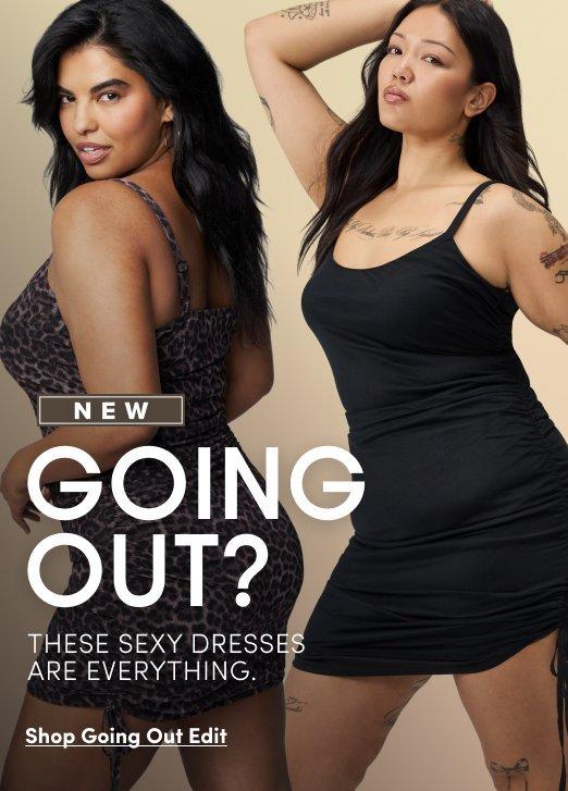 Promotional image featuring two models wearing fitted mini dresses, one in a leopard print style and one in a black ruched dress, against a beige background. Text reads “NEW GOING OUT? THESE SEXY DRESSES ARE EVERYTHING.” with “Shop Going Out Edit” below.