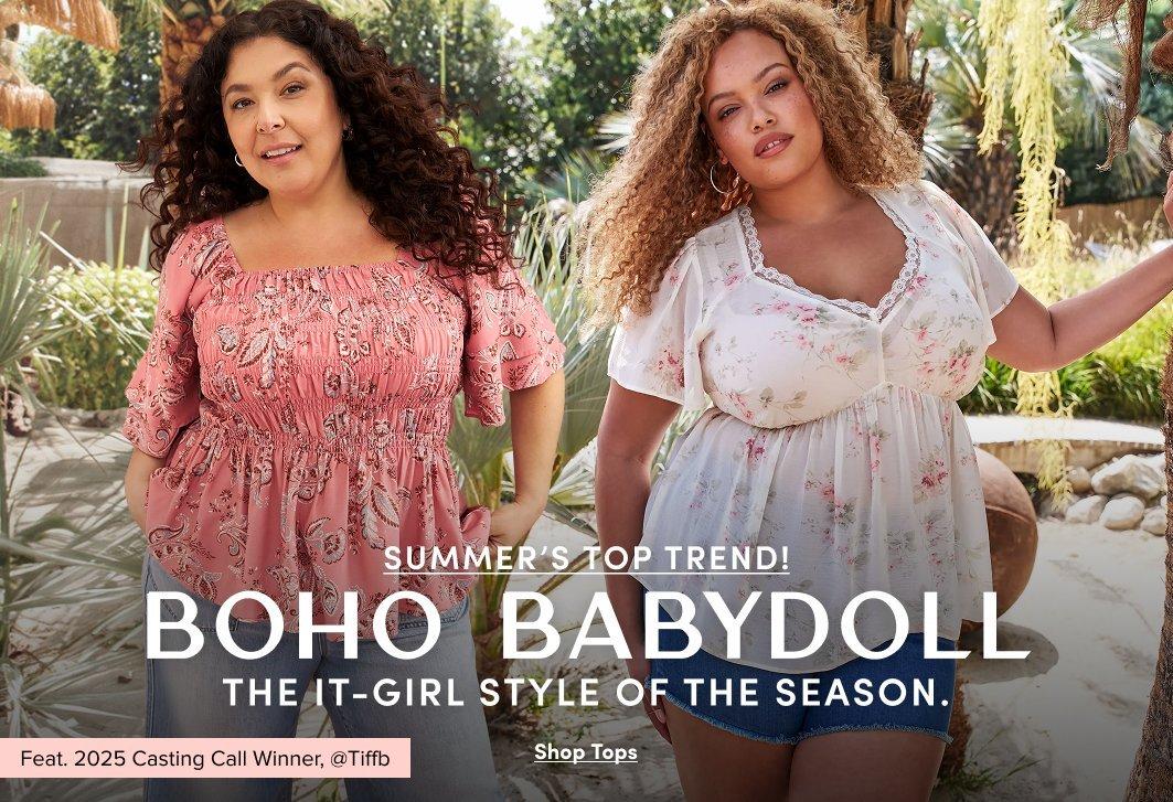 Promotional image featuring two models outdoors wearing boho babydoll tops with denim bottoms. One model wears a pink paisley smocked babydoll top with jeans, and the other wears a white floral lace trim babydoll top with denim shorts. Text reads “Summer’s Top Trend! Boho Babydoll, The It-Girl Style Of The Season” with “Shop Tops” below.