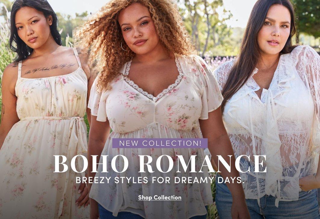 Promotional banner for the Boho Romance new collection featuring three women wearing floral and lace tops and a maxi dress in cream and pink tones. Text reads: "New Collection! Boho Romance – Breezy Styles for Dreamy Days. Shop Collection."