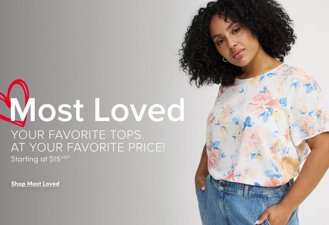 Promotional image for Most Loved featuring a model wearing a pastel floral short-sleeve top with blue jeans against a gray background. Text reads “Most Loved. YOUR FAVORITE TOPS. AT YOUR FAVORITE PRICE! Starting at $15 USD” with “Shop Most Loved” below.