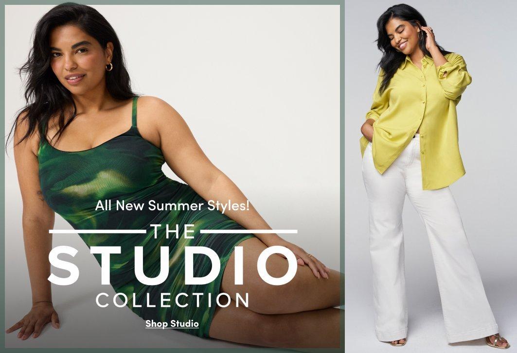 Promotional collage featuring two models in summer outfits from The Studio Collection. One model wears a green abstract print fitted dress while seated, and the other wears a lime button front shirt with white wide leg pants. Text reads “All New Summer Styles! The Studio Collection” with “Shop Studio” below.
